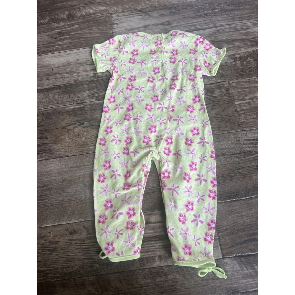 Vtg Oshkosh Girl‎ Bubble Pant Romper Pink Flower Green 18 Months Summer